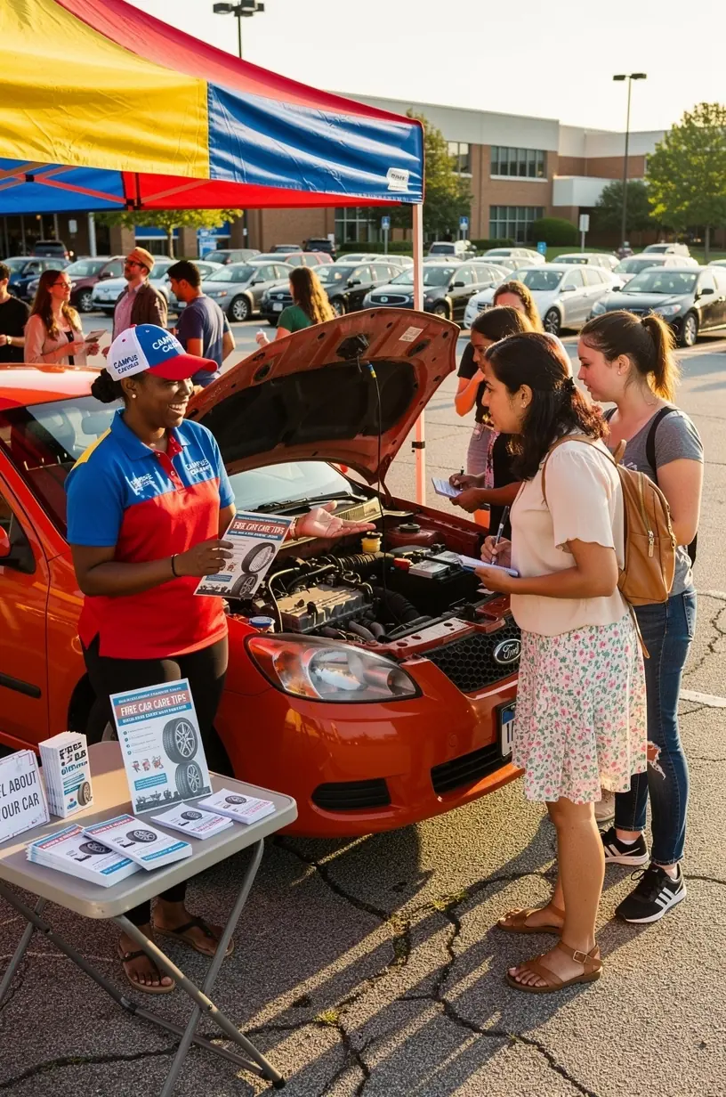 Educational session on car upkeep basics for college students at a community auto workshop