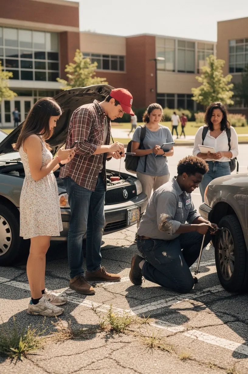 Student receiving basic car maintenance advice from an auto technician near campus
